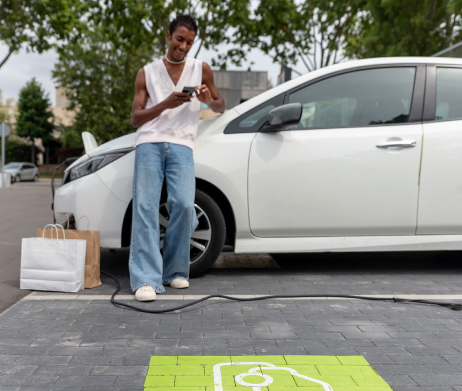 Young man smiling at phone while charging EV